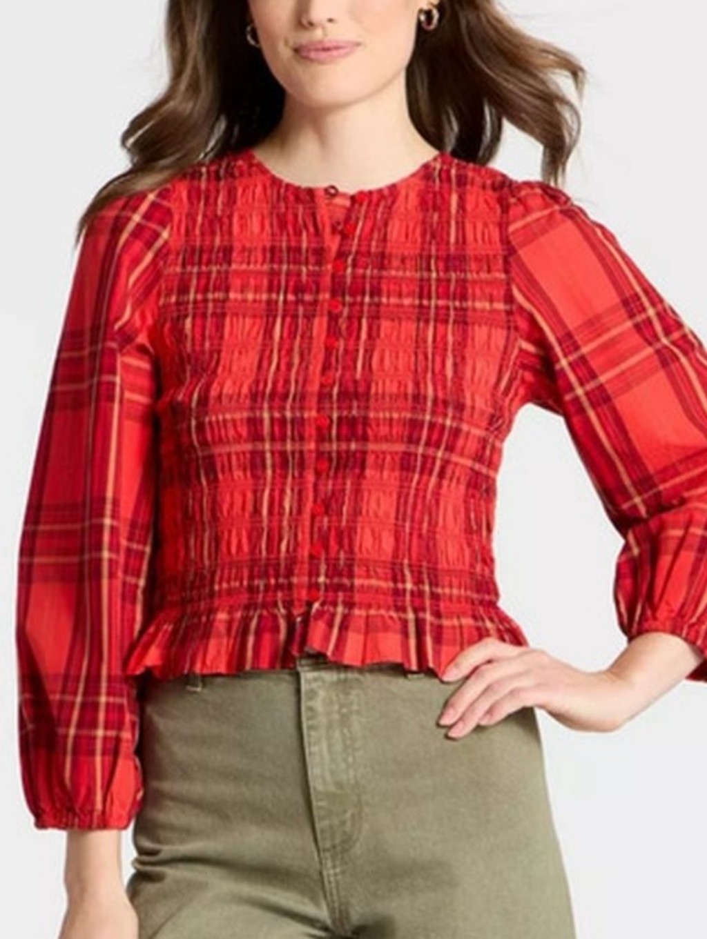 Nwt Universal Thread Red Plaid Balloon Sleeve Blouse Size Small